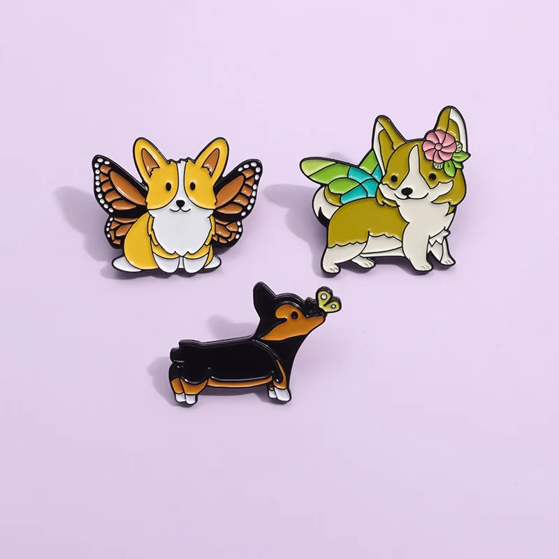 Upturned Buttocks Dogs Enamel Pins Custom Sweet Fairy Corgi Butterfly Animal Brooches Lapel Badges Funy Jewelry Gift Wholesale