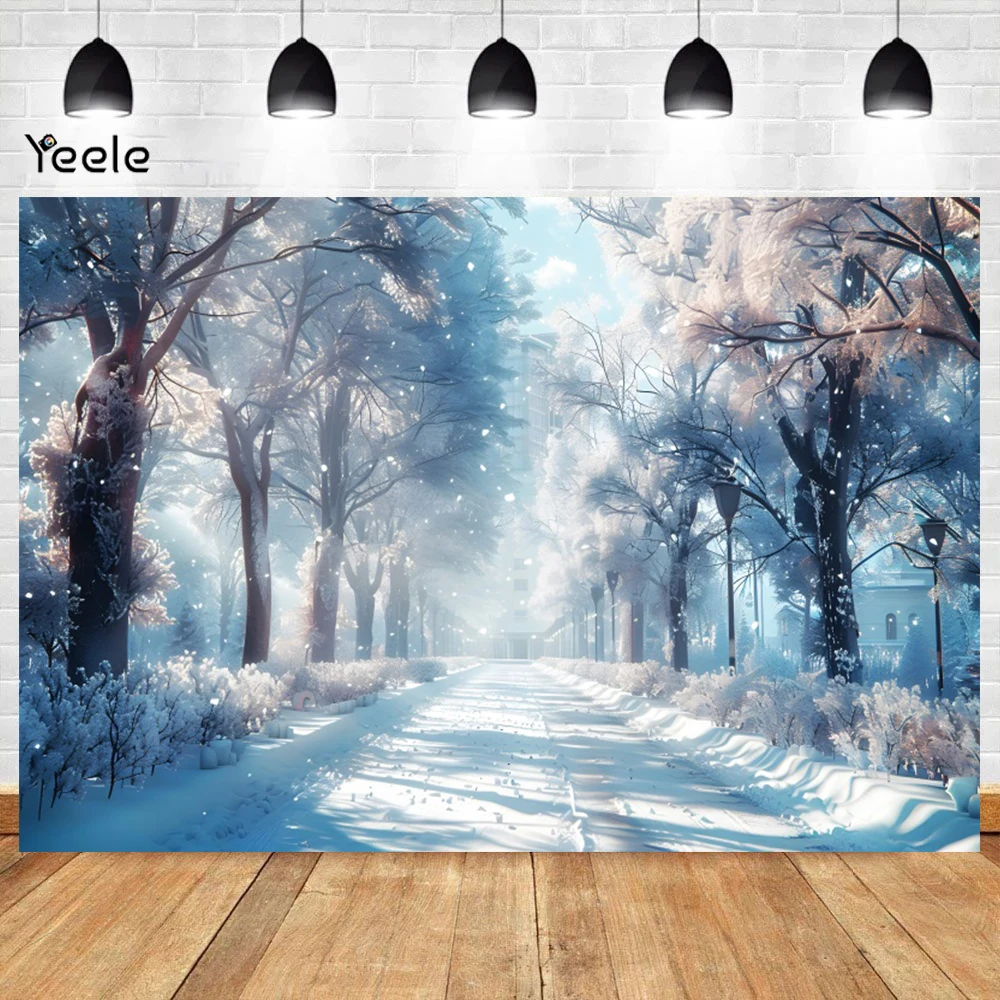 Winter Forest Snowy Background Iced Tree Branches Aurora Glacier Snow-covered Road Backdrop Christmas Decorations Photo Props