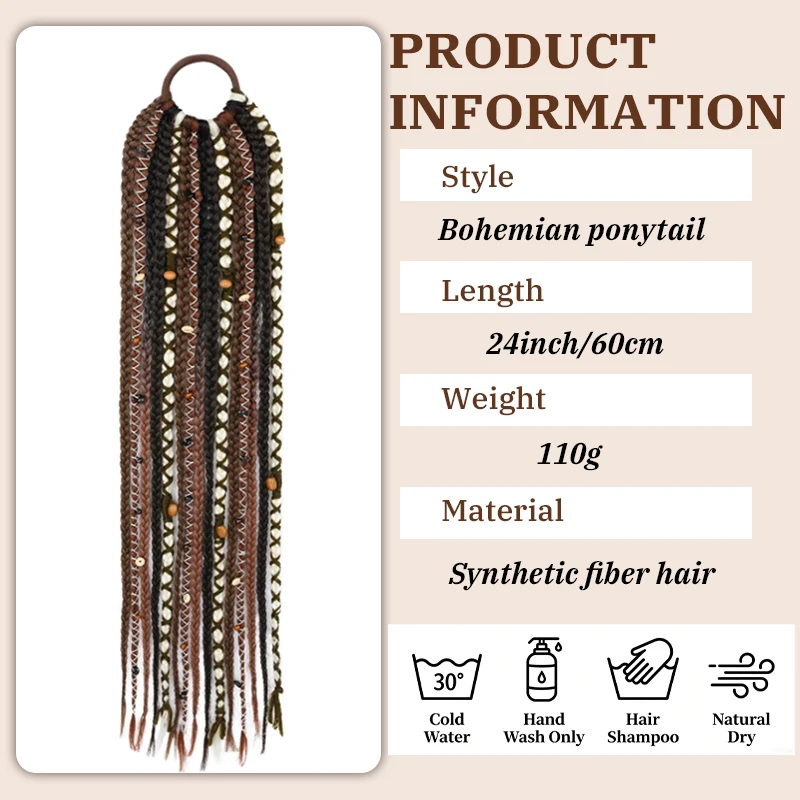 Synthetic Bohemian woven ponytail wig, hand woven headband with beads, dirty braid suitable for women to wear