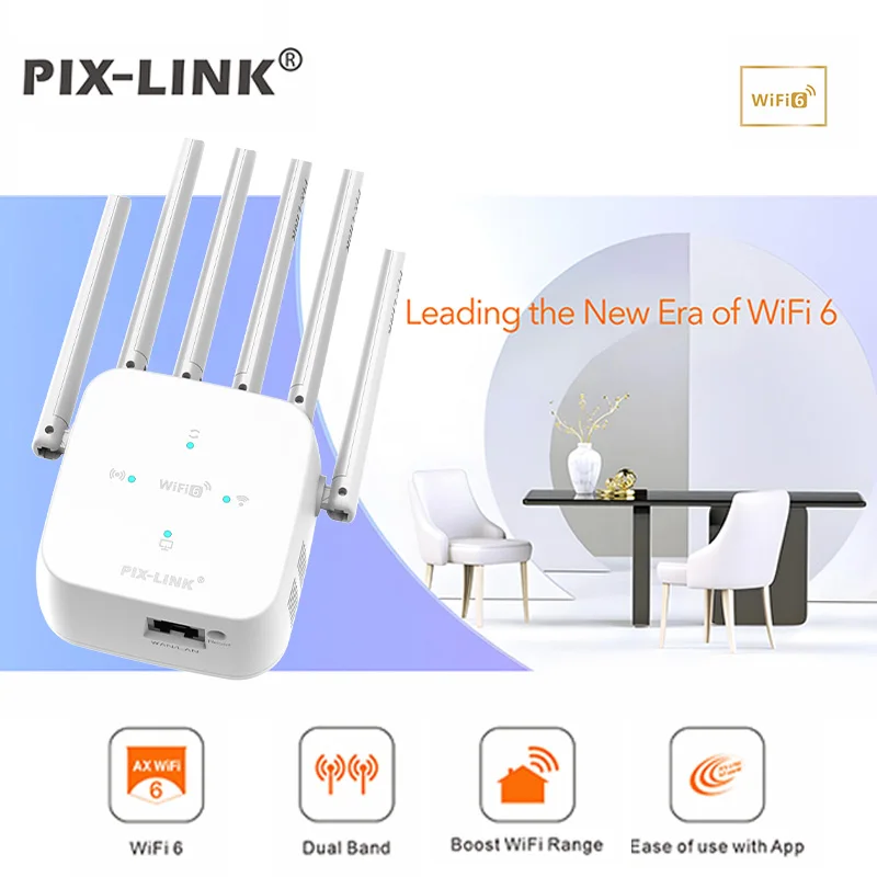

PIX-LINK 1800Mbps WiFi 6 Repeater Upgraded Wall-Penetrating WiFi Amplifier 1800Mbps 2.4G/5G WiFi 6 Dual Band Extender AX25