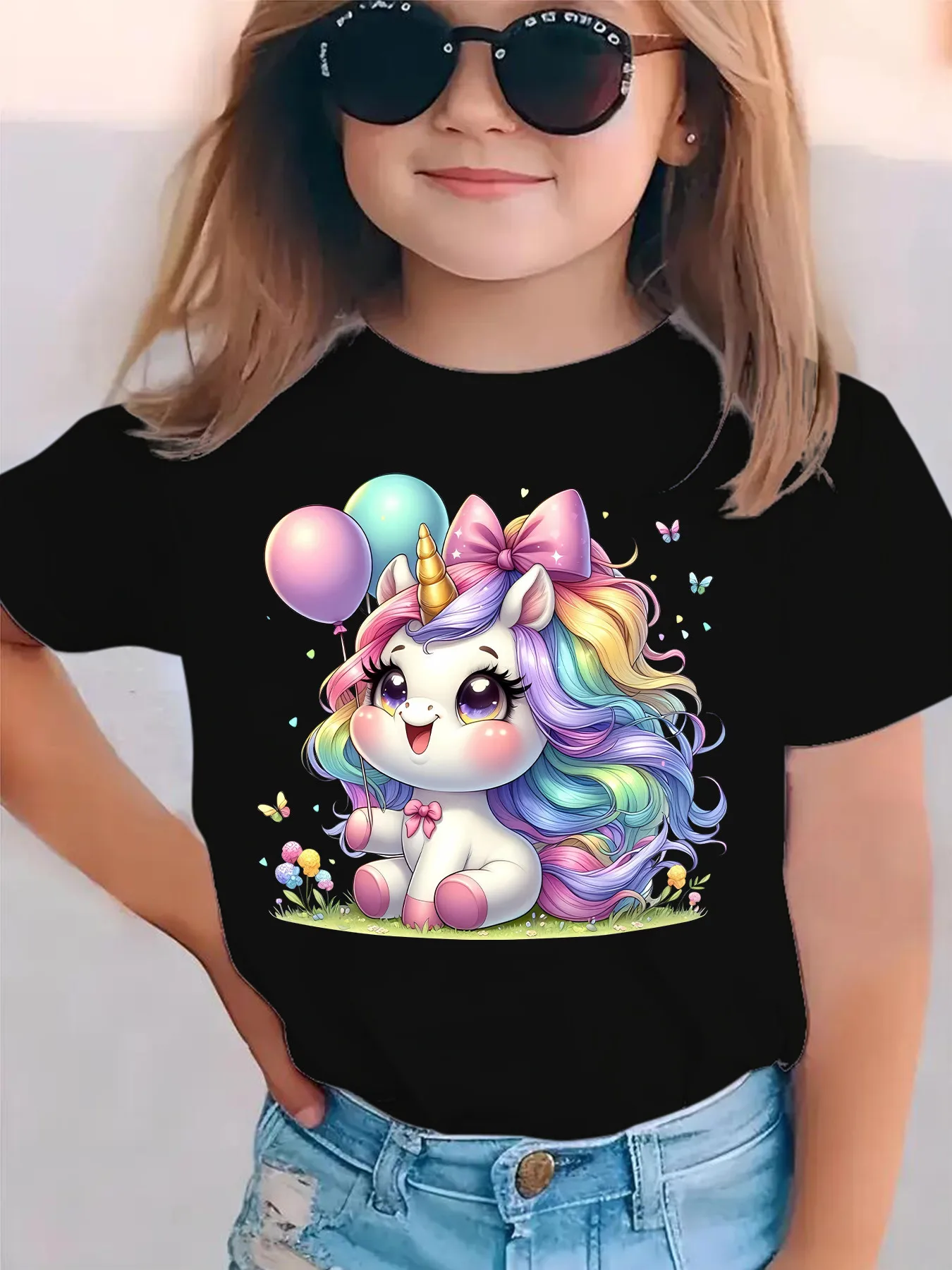 Rainbow Baby Unicorn Bow Balloon Floral Print Family Matching Cotton Tees Short Sleeve Tops For Mom Dad Boys Girls Daily Wear