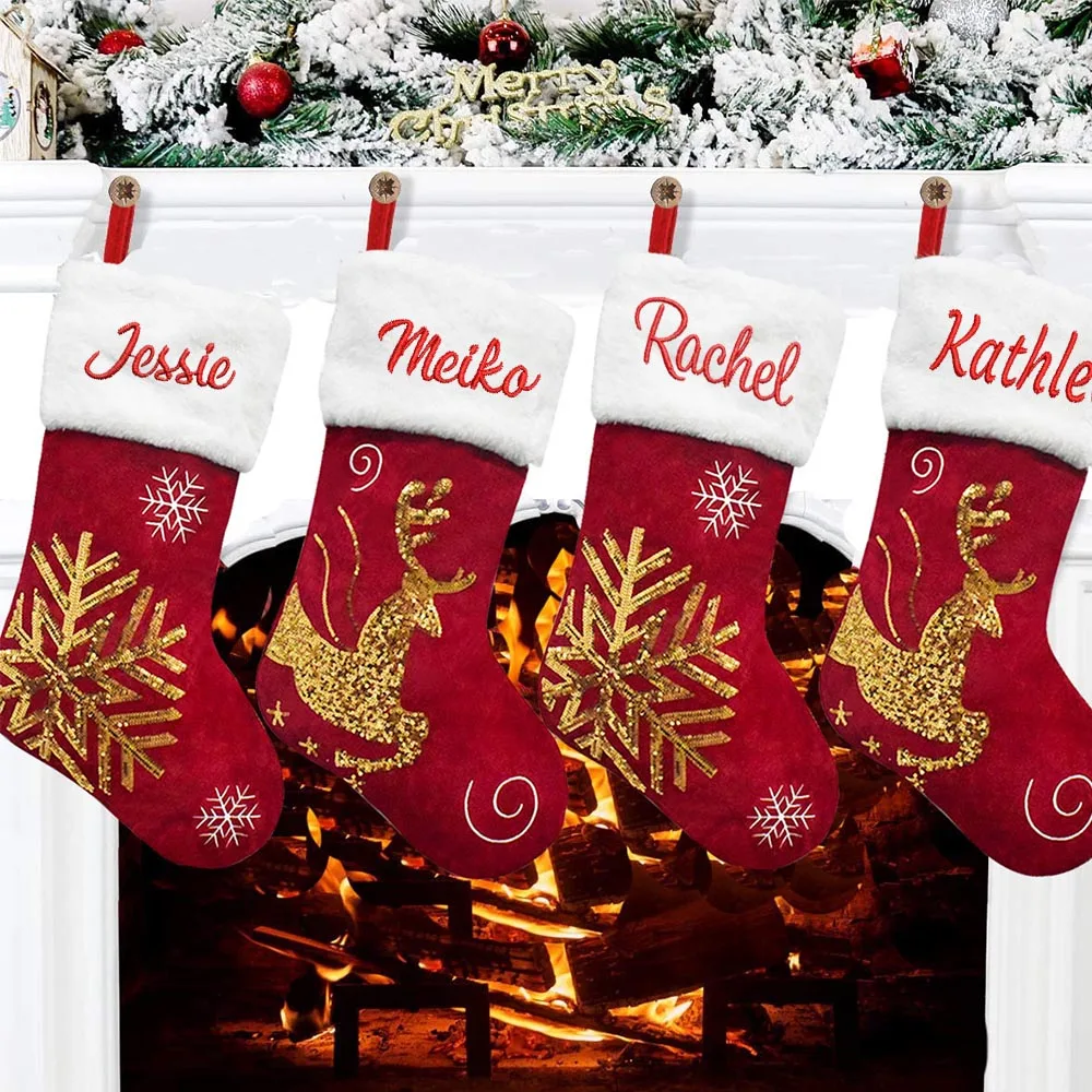 

Christmas Elk Flannelette Embroidered Christmas Stocking Custom Name Christmas Gift Personalized Name Christmas Tree Pendants