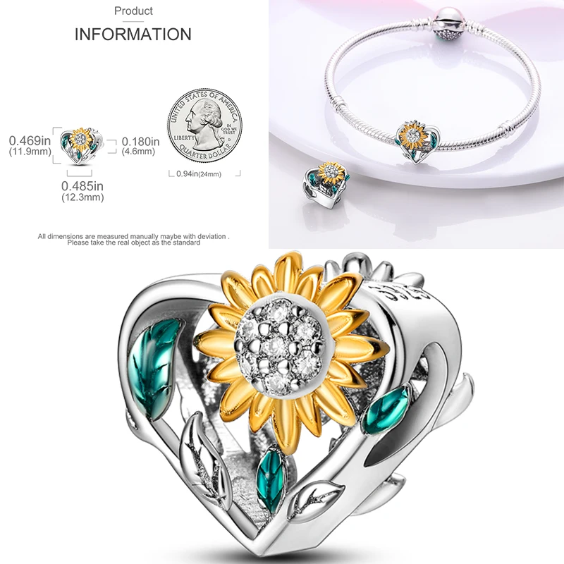 Katzen- und Sonnenblumen-Charm aus 925 Sterling Silber, gelbe Blume, Sonnenblume, Hausperlen, passend für Original-Armreifen, Damen-DIY-Schmuck – Detail 17