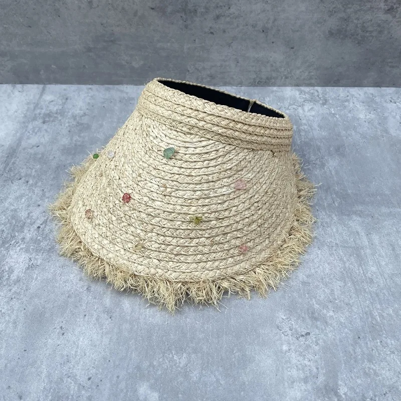 Women's Summer New Fashion Raffia Visor Hat Colorful Stone Sun Protection Cap