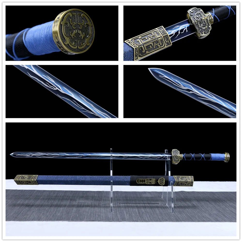 Beautiful Handmade Sword Chinese Jian WUSHU Train Performance Blue High Carbon Steel Blade Full Tang Alloy Fittings