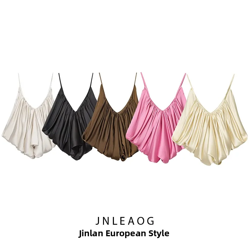 JNLEAOG femmes Satin Texture haut plissé automne nouveau Sle ZW série v-ne Bal coupe ample ort longueur tenue décontracté