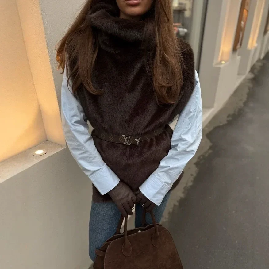 Warm imitation mink fur vest women's thickened turtleneck mink hair vest with sleeveless fur shawl