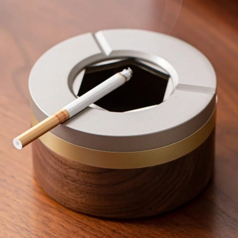 Original Car Ashtrays Light Luxury Designed Smokeless Cupal Cyber Punk Round Metal Wood Cool Smoking Items Mechanic Rotate Lid