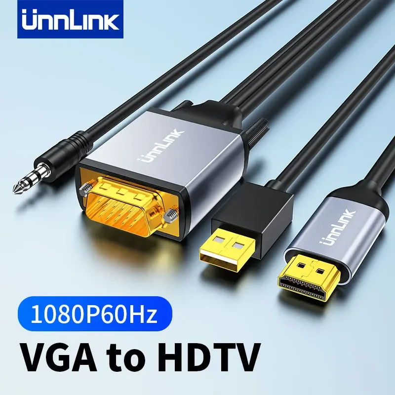 Kabel Unnlink VGA do HDMI konwerter z męskiego na męskie z kartą grafika komputerowa Audio 1080P do monitora projektor telewizyjny