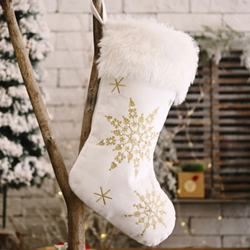 

1/2pcs White Plush Stamping Gold Silver Embroidery Snowflake Christmas Stocking Merry Christmas Decor For Home Xmas Gift Socks