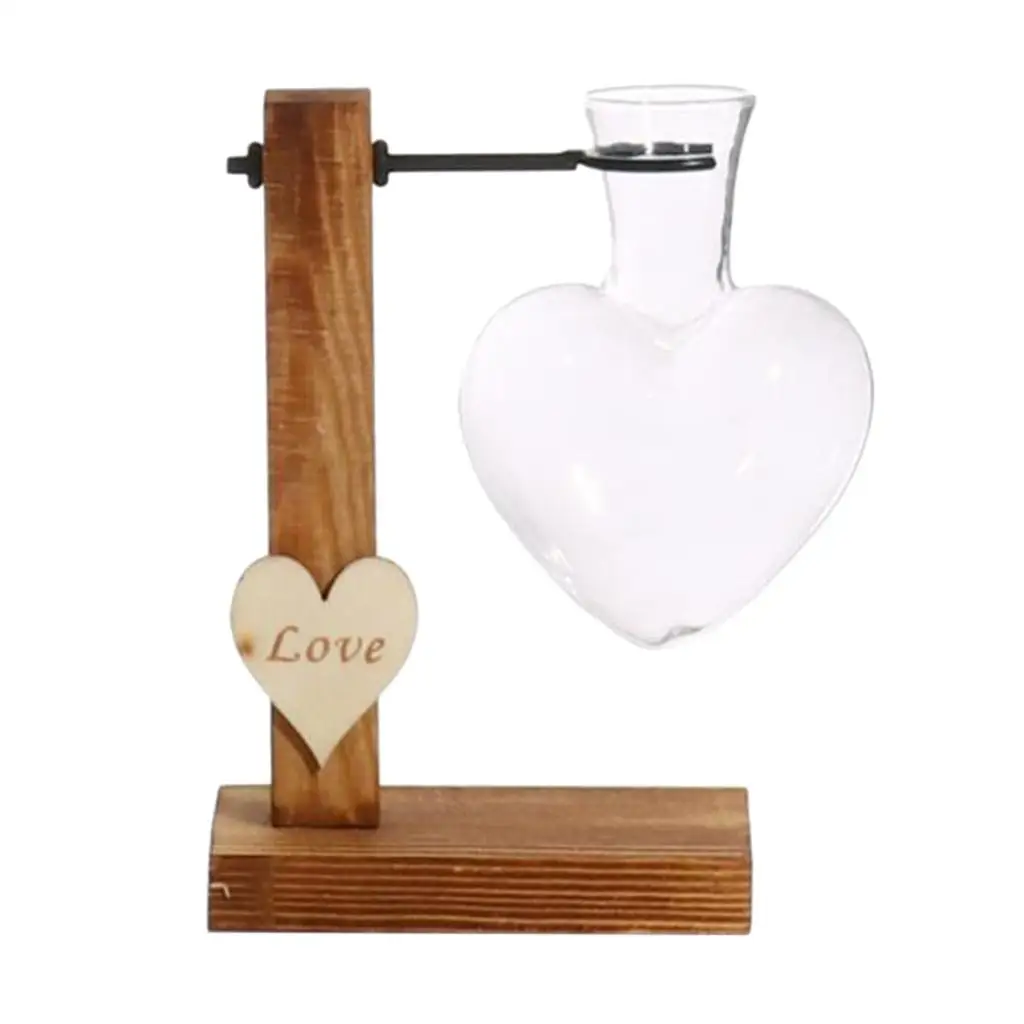 Love Heart Glass Hydroponic Flower Vase Terrarium Container w/Wooden Stand