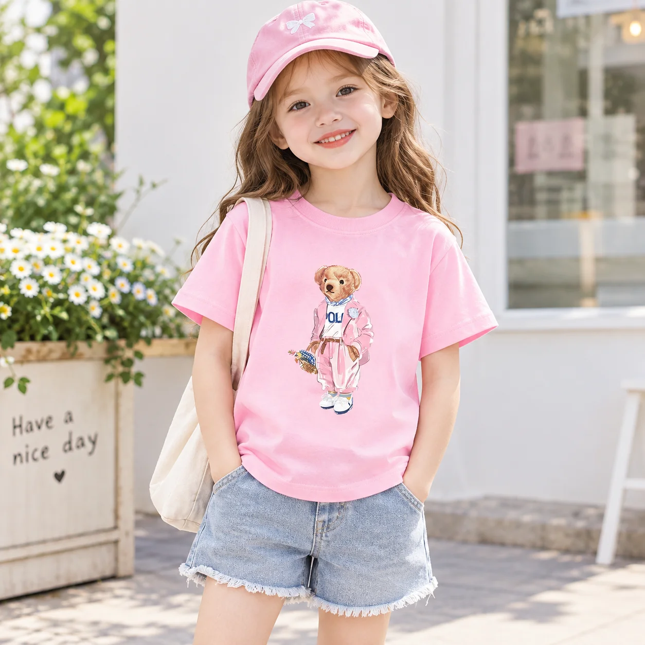 Pink Bear Pattern Round Neck Cotton Kids T-shirt Short Sleeve Fashion Print Short Sleeve Shirt Stretch T-shirt