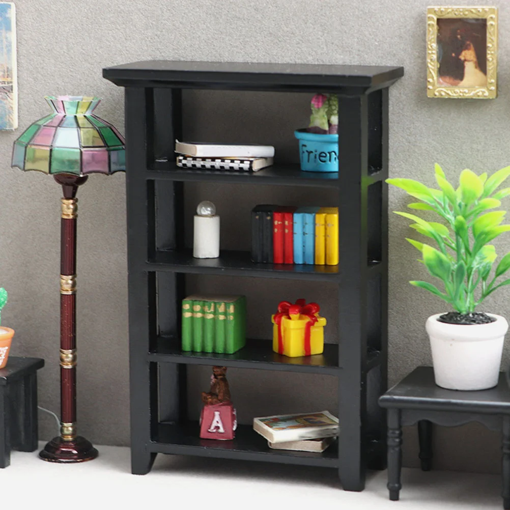 Black Flower Stand Decor Dollhouse Bookshelf Wood Dolls Storage Four-layers Rack