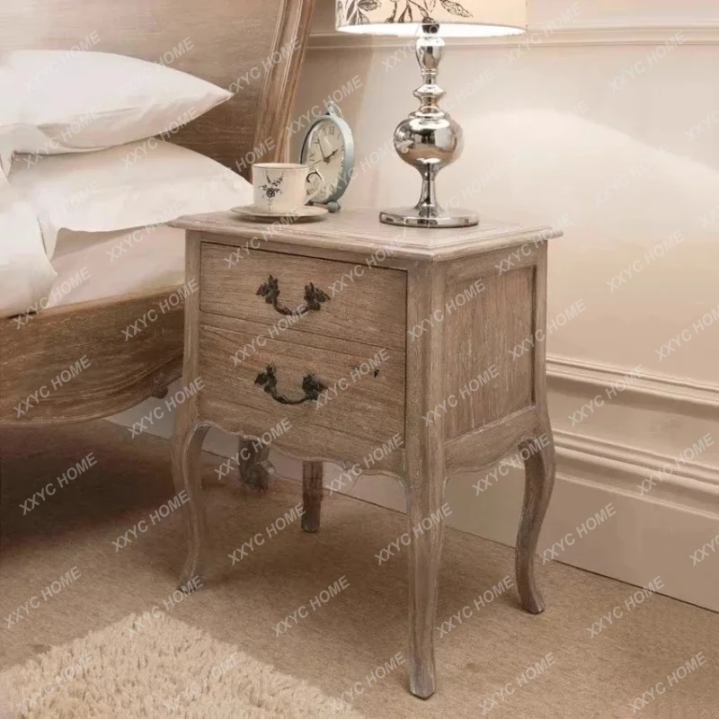 Q  Retro Old Oak Bedside Table  Weathered Gray Bedside Table Two Draws