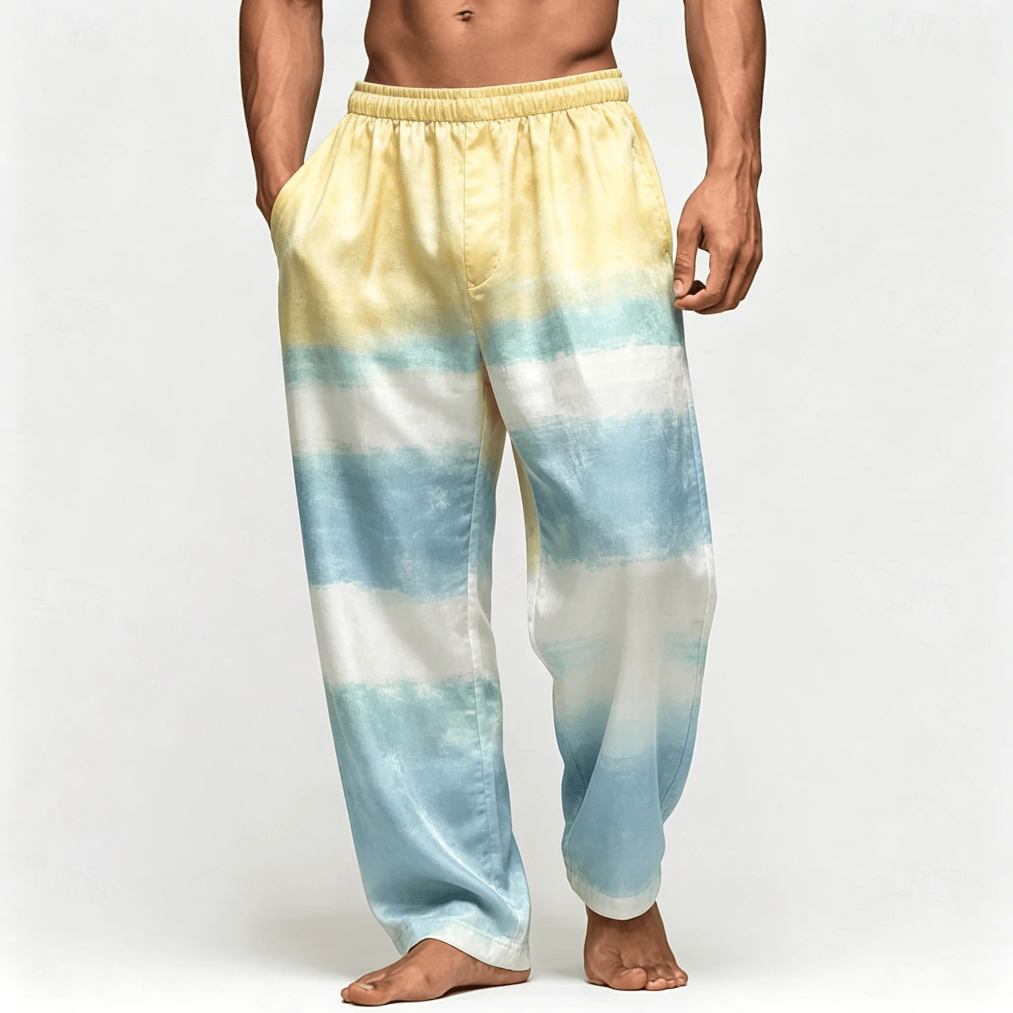 Men's Gradient Striped Tie-Dye Print Casual Pants, Relaxed Fit Drawstring Trousers For Spring And Summer