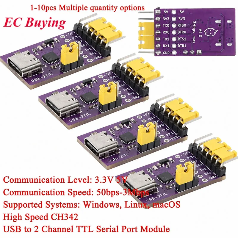 10pcs/1pc USB to 2 Channel Way TTL Serial Port Module Type-C 50bps-3Mbps High Speed CH342 Chip Communication Conversion Module