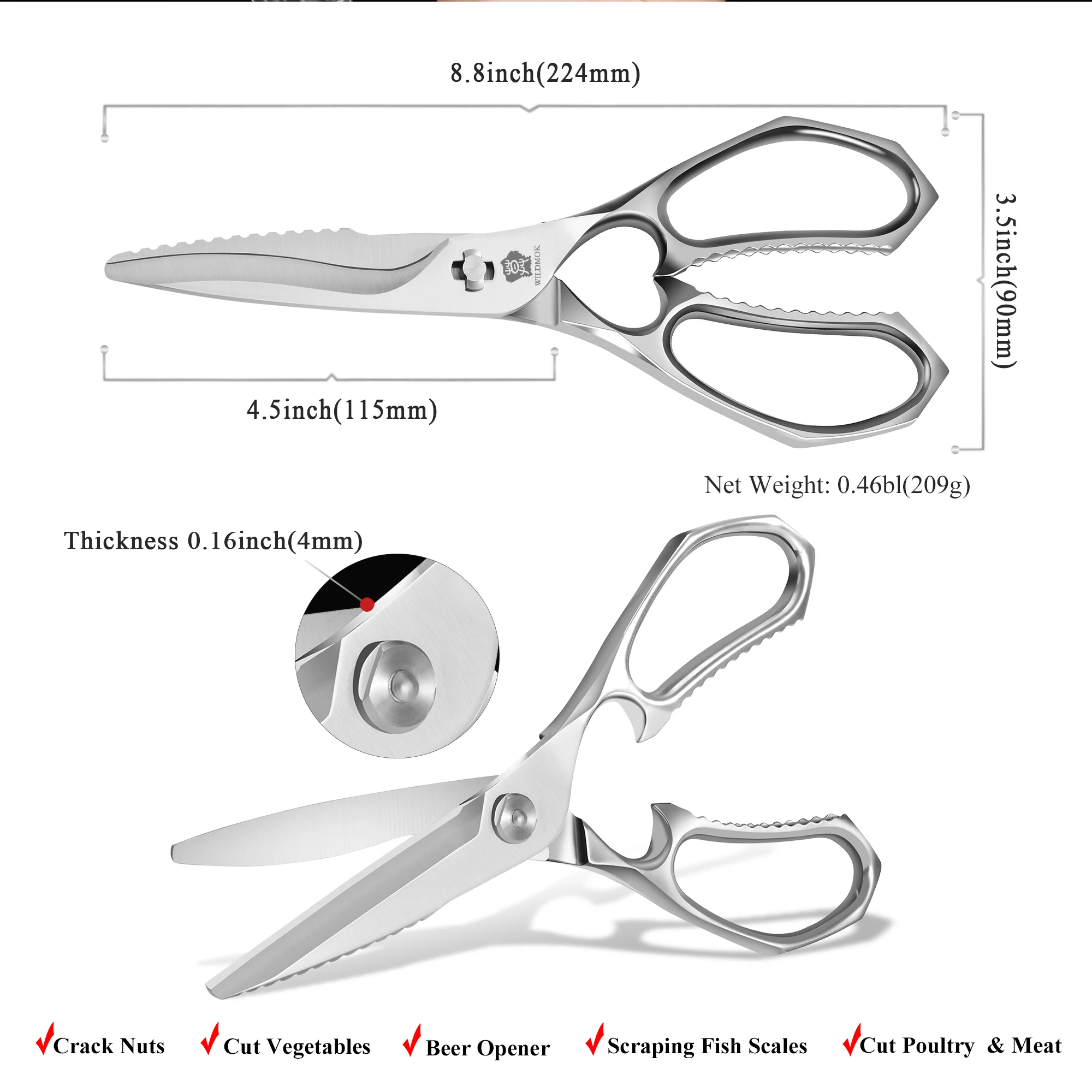 WILDMOK Profession Stainless Seel Poultry Shears Meat Fish Vegetables 5CR15MOV Steel Multifunctional Kitchen Scissors