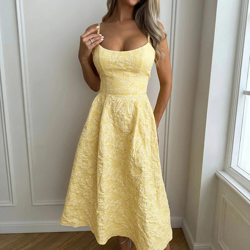 Elegant Jacquard Backless Maxi Dress Ladies 2026 New Summer Sleeveless Cami Long Dress