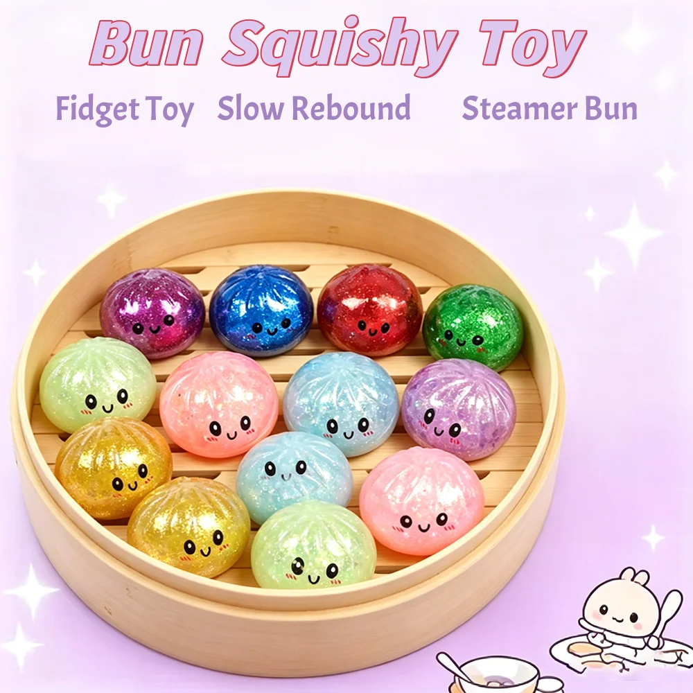 Mini Glitzer Squishy Brötchen-Stressbälle Kawaii Gedämpfte Knödel-Quetschspielzeuge mit Dampfgarer Sensorische Fidget-Spielzeuge zur Angstlinderung
