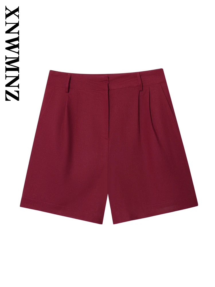 XNWMNZ 2025 Autunno Nuova Donna Semplice Pendolarismo Pulsante Pantaloni Corti di Lino Moda Casual Lady Rosso Vintage Vestibilità Regolare