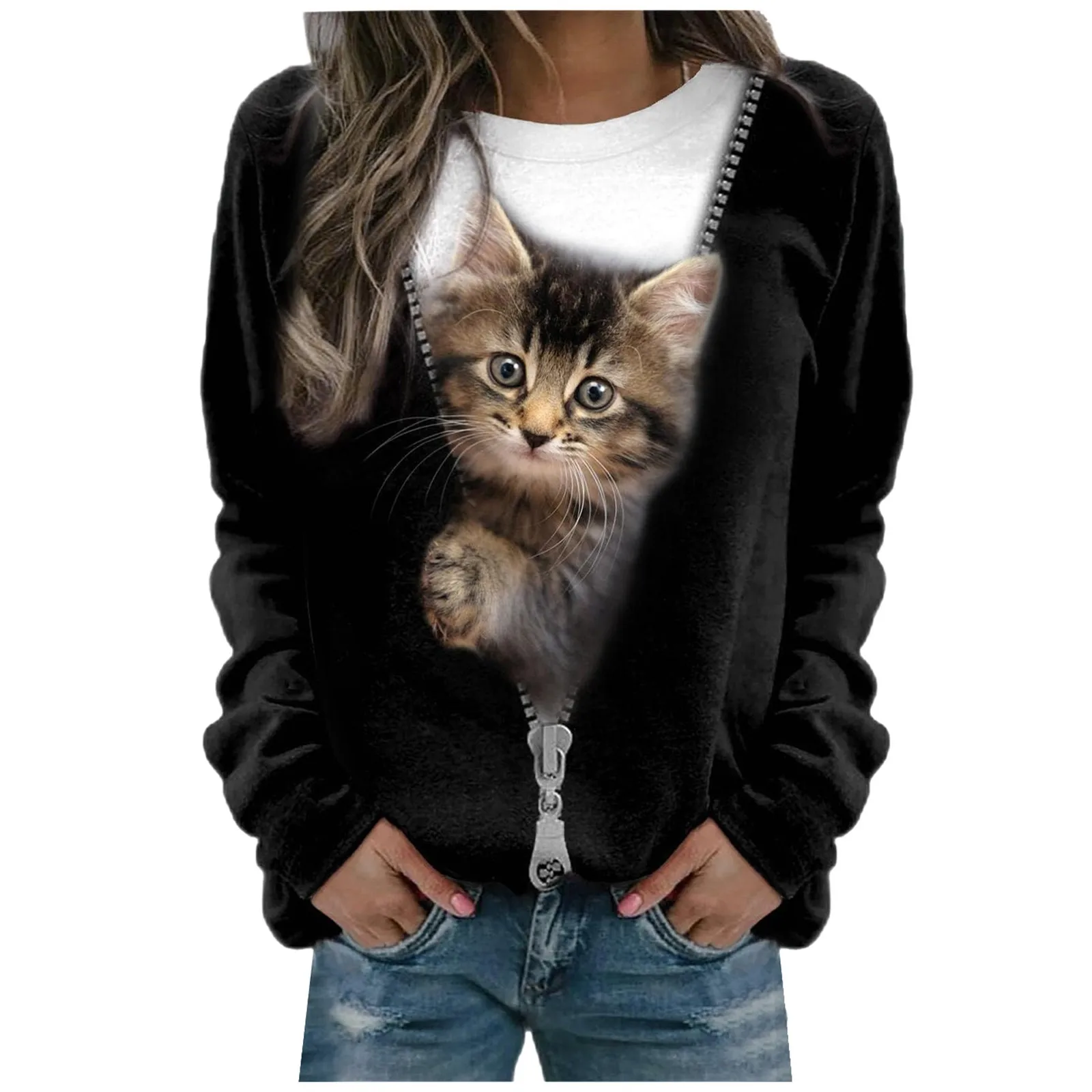 Sweat à capuche Y2K avec motif 3D pour femme, fausse fermeture éclair, chat mignon dans les bras, pull ras du cou, micro-pièce, sweat-shirt décontracté