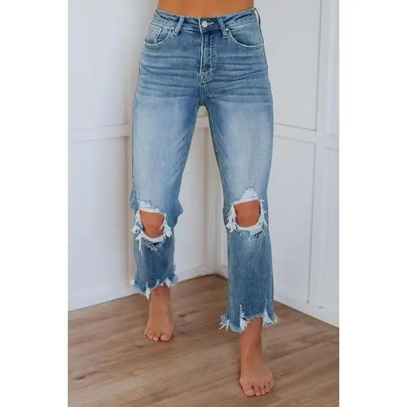Denim Pant Women Jeans Long Pants Hole Slim High Waist Straight Trousers Y2k Streetwear Elegant Splice Bodycon Mom Jeans 2025