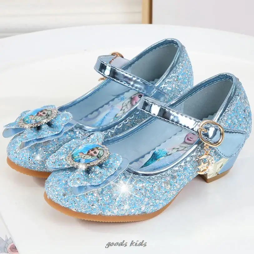 Disney New Children Elsa Party Leather Sandals Girls PU High Heel Kids Shoes For Girl Single Shoes Dance Dress Shoes Gift