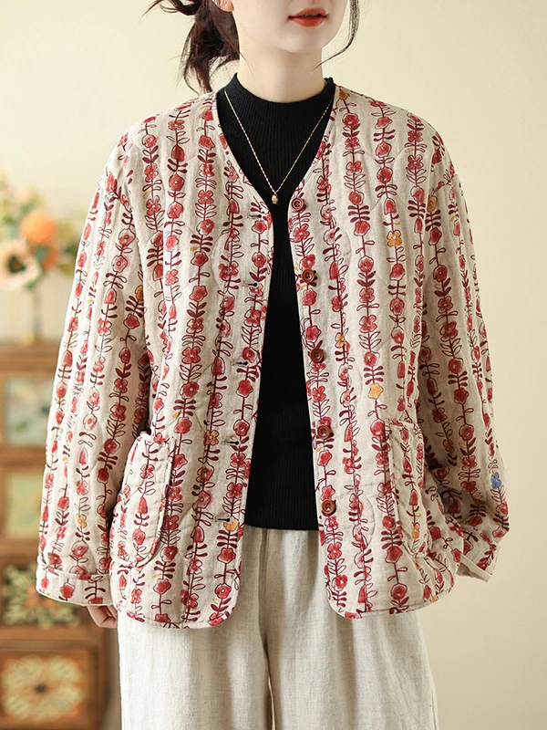 

Autumn Winter New Style Linen Raindrop Cotton Print Thin Outerwear Casual Artistic V-neck Long Sleeve Women's Jacket Coat