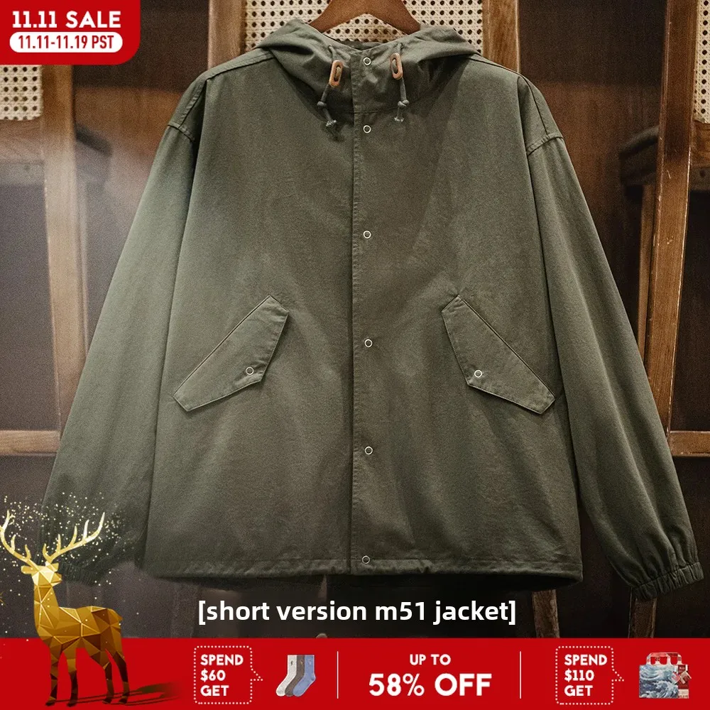 

Maden Vintage Fishtail Loose Green M51 Hooded Jacket Men's Short Overcoat Versatile Outwear Pockets Hidden Button Placket Jacket