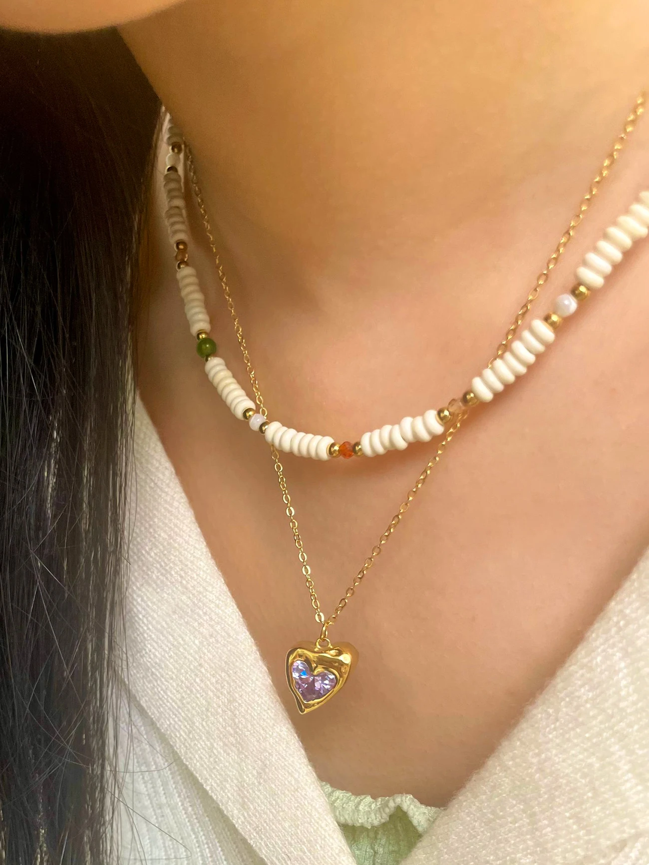 Peri'sbox Boho Handmade Layeing White Beaded Women's Necklaces Stainless Steel Gold Plated Heart Zircon Pendant Necklace Summer