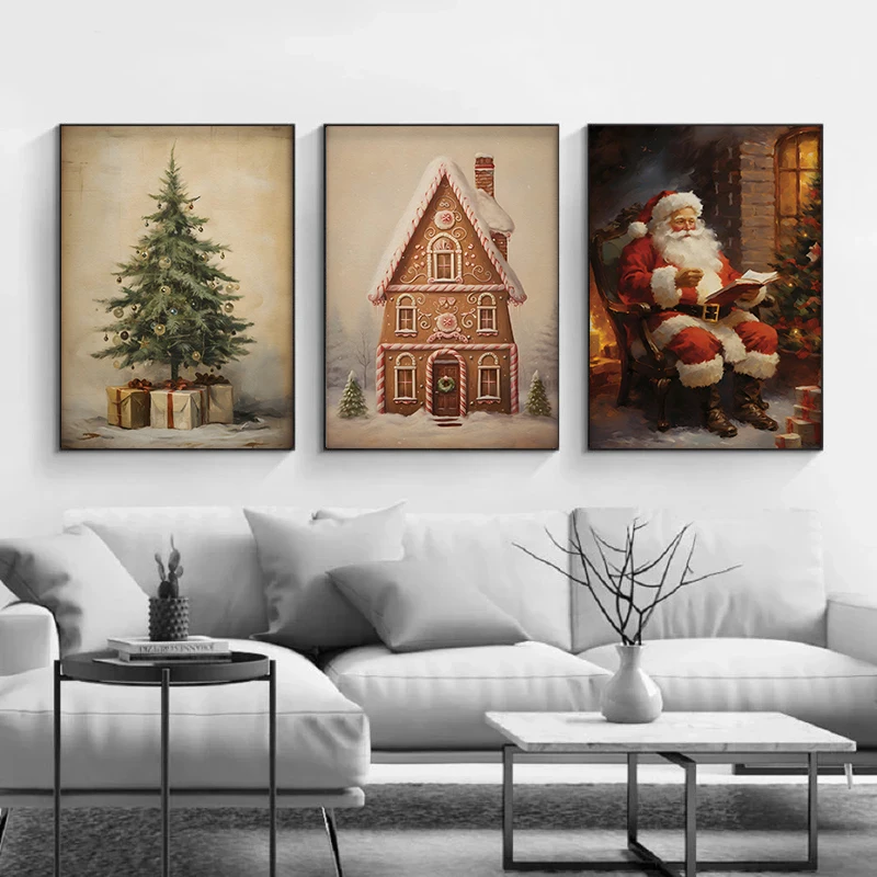 Reindeer Sleds Pine Trees Gingerbread Bells Candy Cane Christmas Decorative Poster Canvas Painting Wall Art Study Home Decor