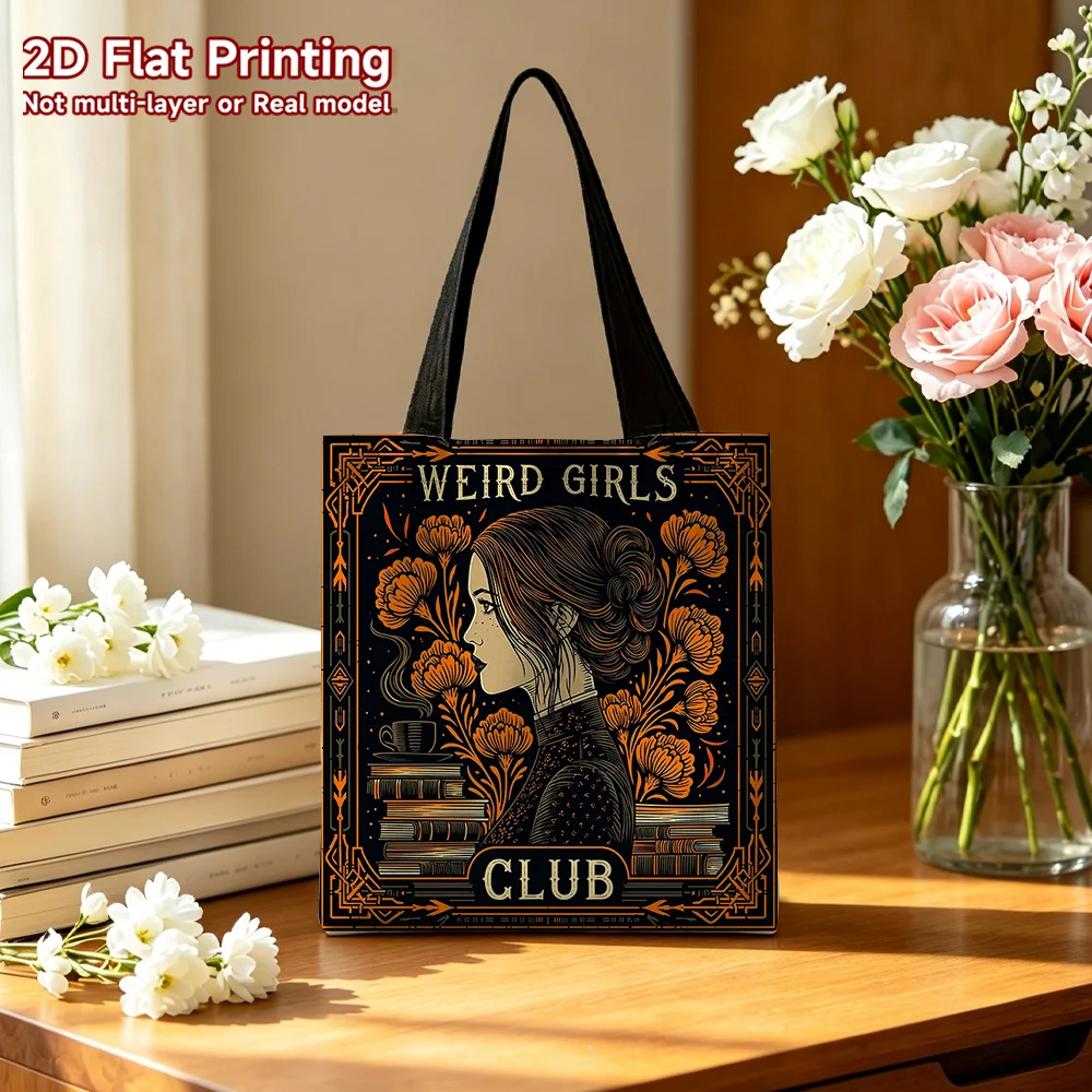Gothic Weird Girls Club Canvas Tote Bag Vintage Dark Floral Print Reusable Shoulder Shopping Bag Present For Women Readers