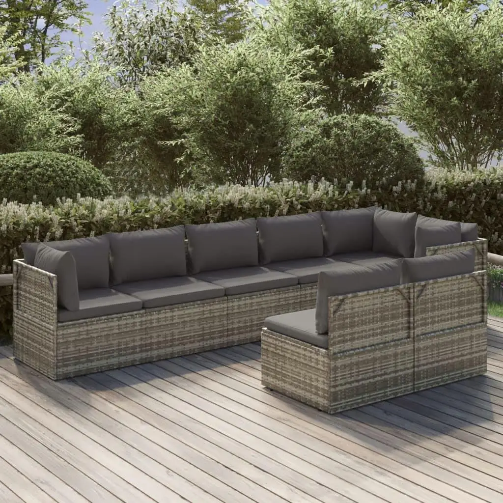 8-Piece Gray Poly Rattan Patio Lounge Set with Cushions - Stylish Outdoor Furniture