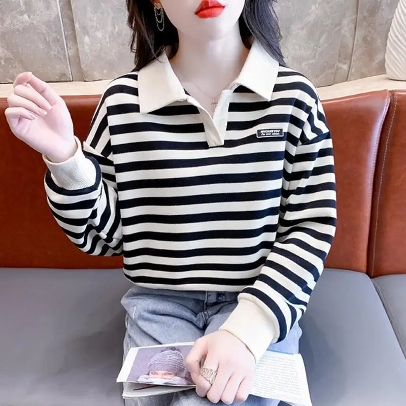 Spring and Autumn Women\'s Polo Neck Long Sleeves Loose Pullovers Striped Epaulet Fashion Casual All Match Commute Tops