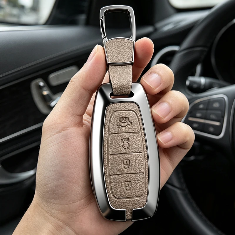 Metal Leather Car Key Case Cover For Hyundai I30 Ix35 KONA Encino Solaris Azera Grandeur Ig Accent Santa Fe Palisade Shell