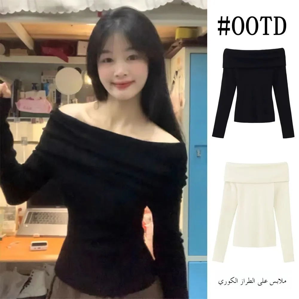 Pure Desire Bla-oulder Knitted Long Sve Fce-Like Women's Top Slimming Design Autumn Winter oulder Exposure