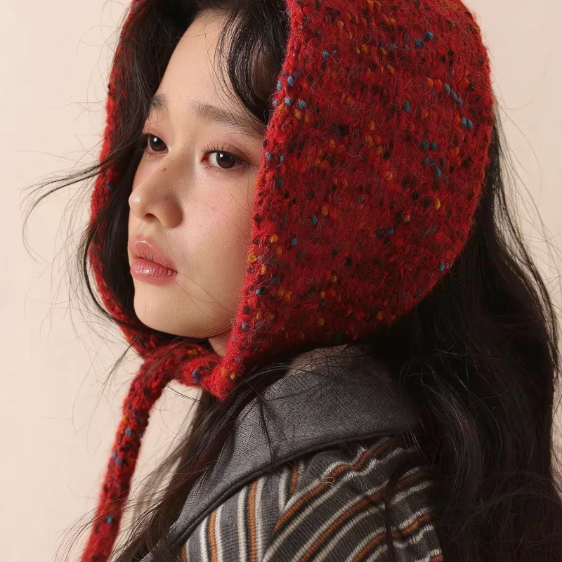 Women Confetti Knitted Triangle Hijab Scarf Warm Flecked Yarn Headscarf Tie-Up Solid Color Turban Soft Winter Muslim Wraps Hat