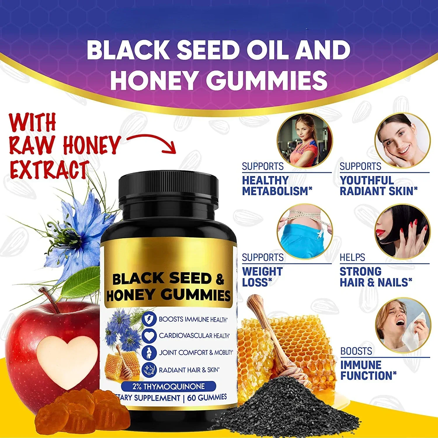 

60 Gummies Black Seed Honey Gummies Joint Comfort Hair Skin