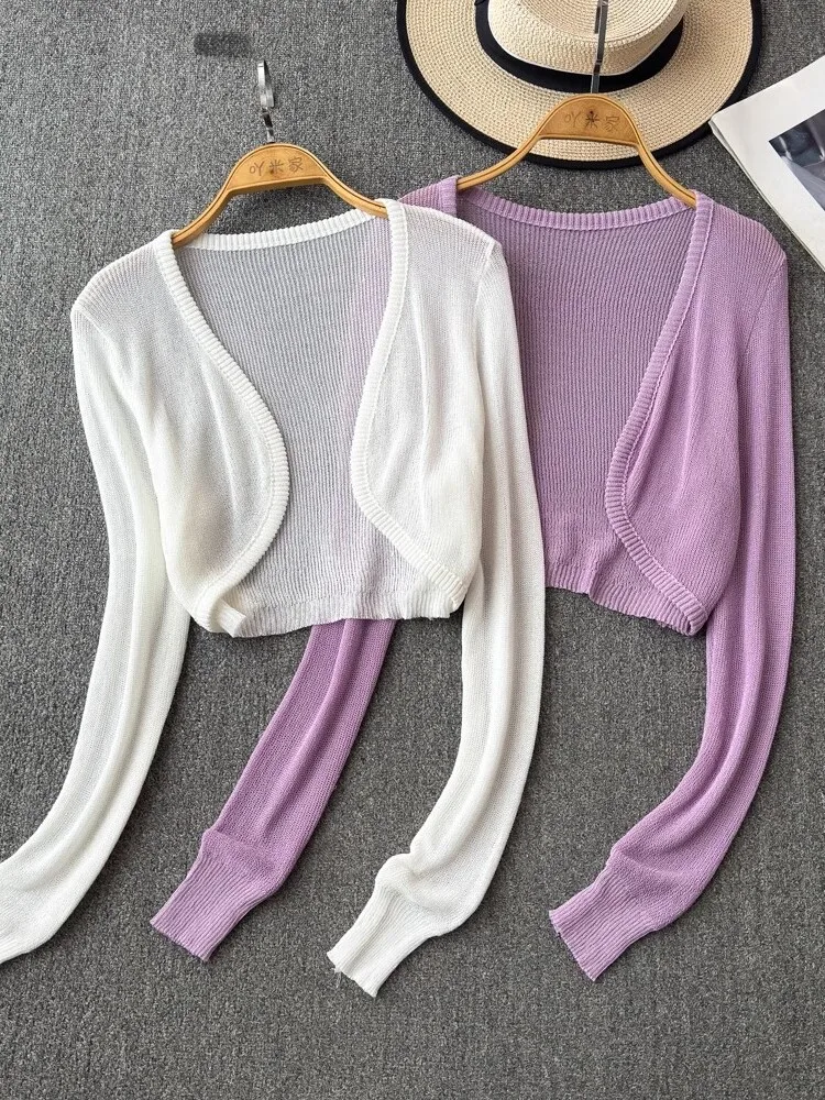 

Sun Protection Knitted Ice Silk Shoulder Shawl Women's Summer Short Sleeve V-Neck Thin Open Cardigan for Commute Korean Style