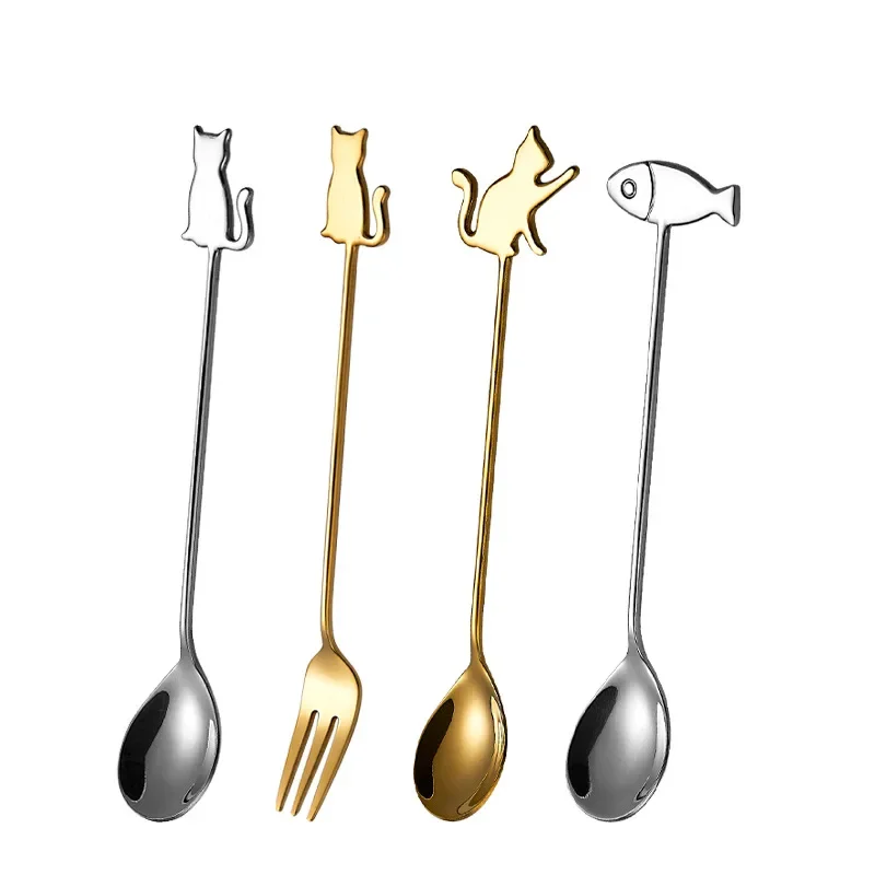 Cat Fish Spoons Forks Stainless Steel Kids Dessert Kitchen Tableware Ice Cream Cake Coffee Honey Stirring Seasoning Spoon Fork