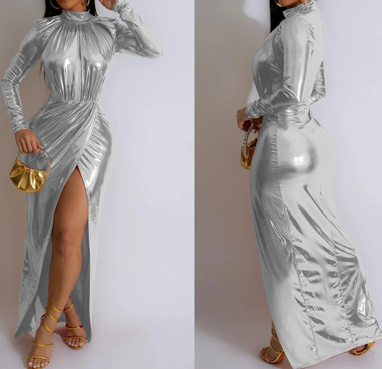 Long Dresses for Women Streetwear 2024 Spring Fashion Gold Plated Mock Neck Pleated High Split Sexy Evening Maxi Dress Female