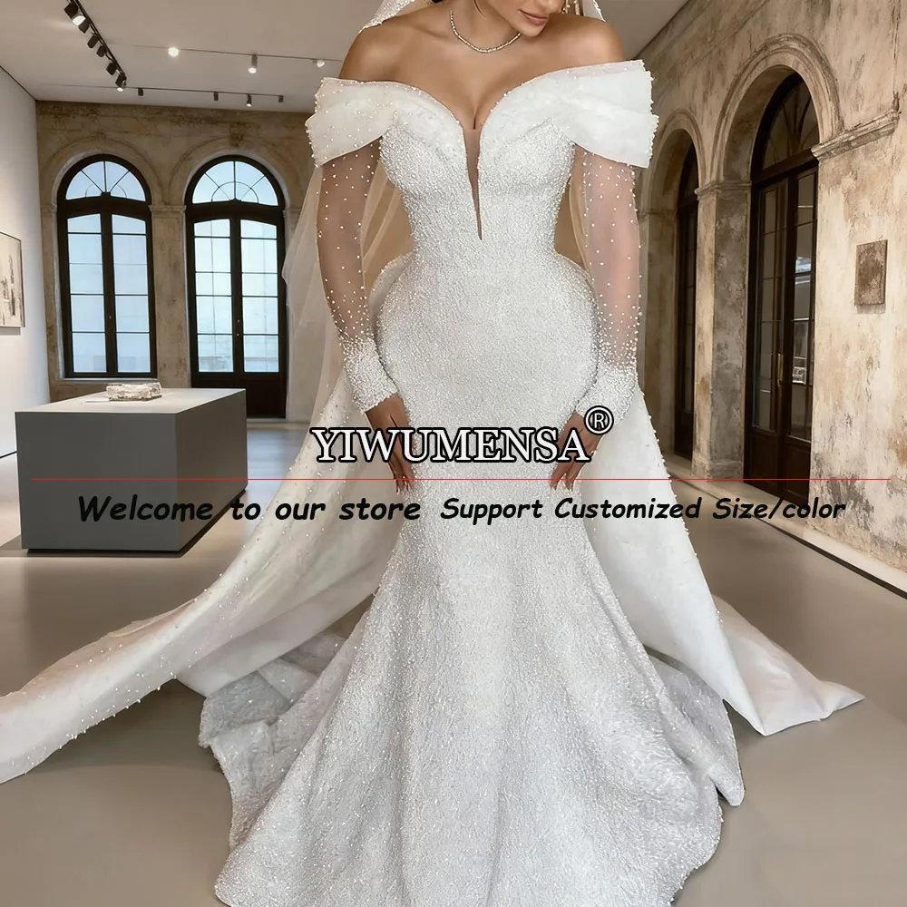 Esclusivi abiti da sposa a sirena con spalle scoperte con strascico staccabile Perle che bordano abiti da sposa Robe De Mariee personalizzato 2026
