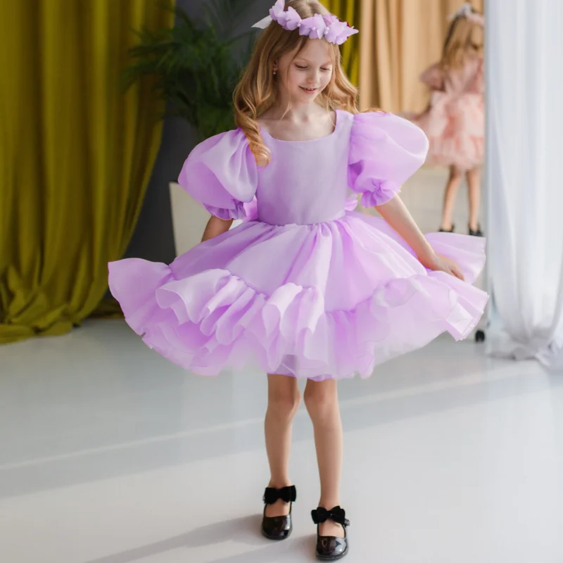 

Lavender Flower Girl Dresses Satin Tiered With Bow Short Sleeve For Wedding Birthday Party Occasion Banquet Princess Gowns