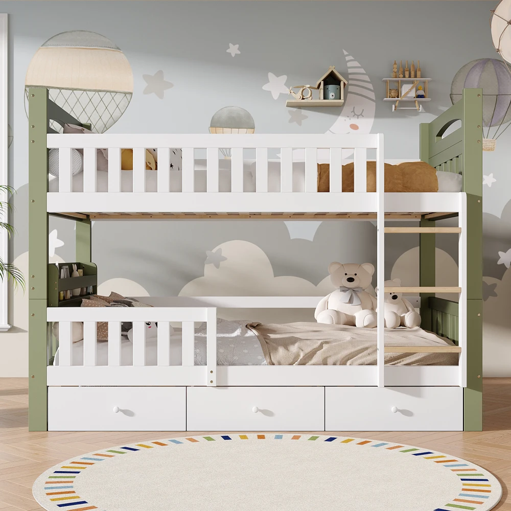 Letto a castello per bambini, struttura in legno bianco e verde, dimensioni 90x200 cm, sicuro e stabile, con scala di accesso robusta, sponda di sicurezza rialzata extra alta, ripiano laterale
