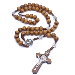 Fashion Handmade Round Bead Catholic Rosary Cross Religious Wood Beads Men Necklace Charm Gift