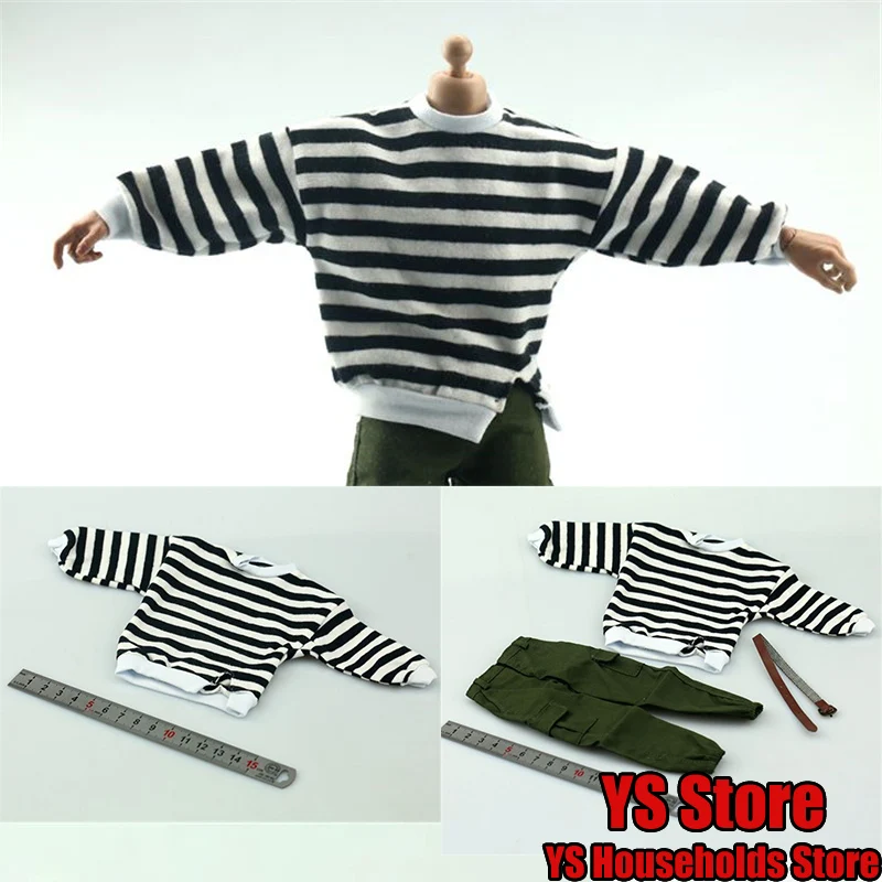 

1/6 Man Solider Black White Fashion Striped Sweater Army Green Overalls Pants Accessory Fit 12" Male Figurine Body Decors