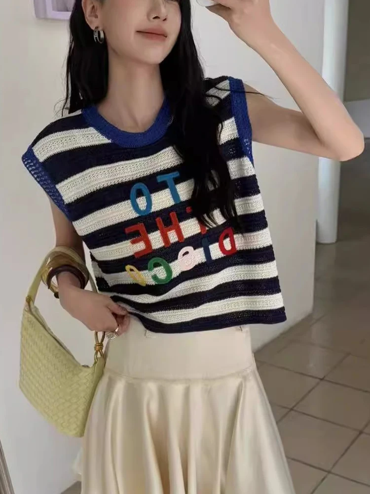 

Salt Series Dopane Антивозрастной полосатый жилет с надписью Ne Svel, женский свободный жилет небольшого размера для похудения, вязаный жилет из ледяного шелка...