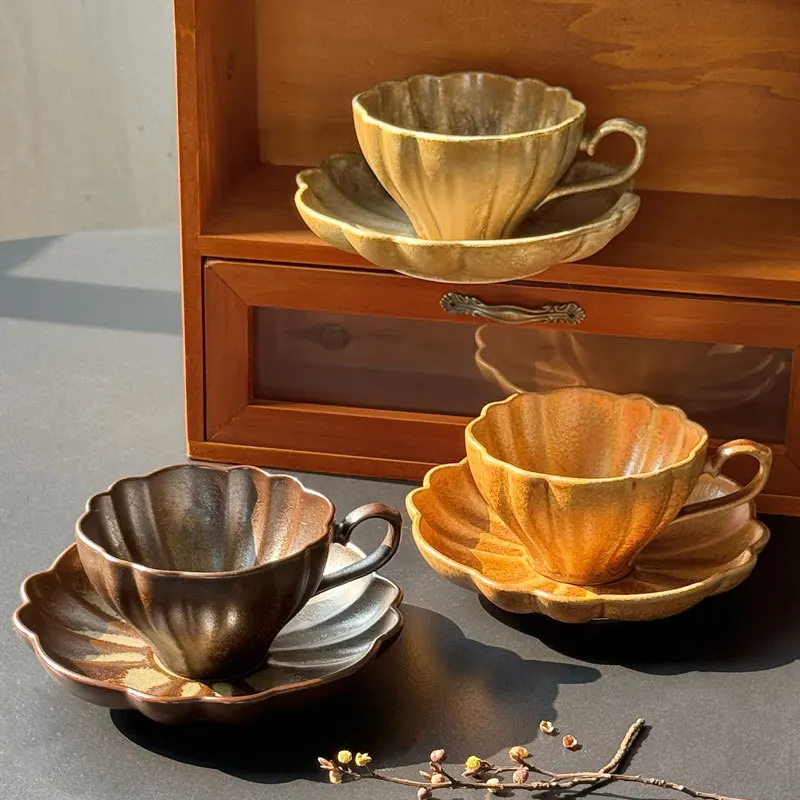 Vintage Handmade Kiln Turned Glaze Retro Water CupFlower Shaped Coffee Cup and Sauce Set Exquisite Luxury Milk Cup and Plate Set