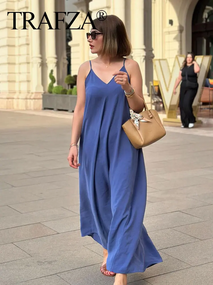 TRAFZA Summer Female Elegant 6-color Dew Shoulder V-Neck Dresses Sleeveless Pleated Adjustable Sling Thin Long Dress Mujer