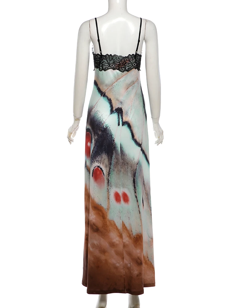 Weird Puss Art Print Sling-Kleid, Damen, Spitze, Patchwork, tiefer Ausschnitt, rückenfrei, hohe Taille, Robe, Midnight Club Party, modisch, langes, figurbetontes Kleid – Detail 4